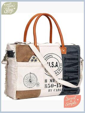 Large Canvas Tote with Leather Handles, Vintage Patchwork Handbag, Shoulder